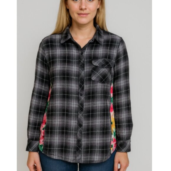Tolani Women's Black & White Plaid Button Front Mixed Back Print Shirt Size MP - Picture 1 of 10
